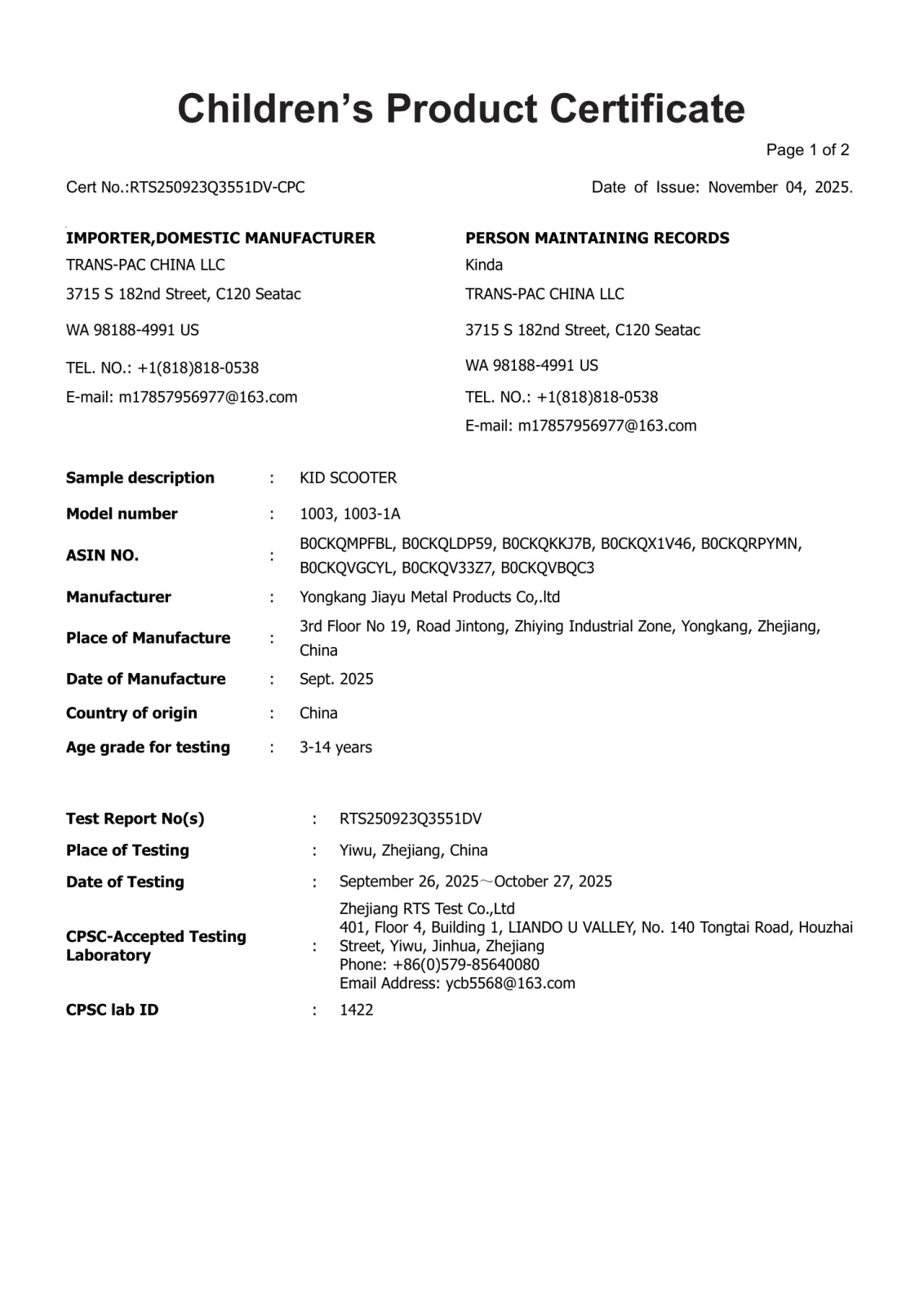 Model 1003 CPC certificate