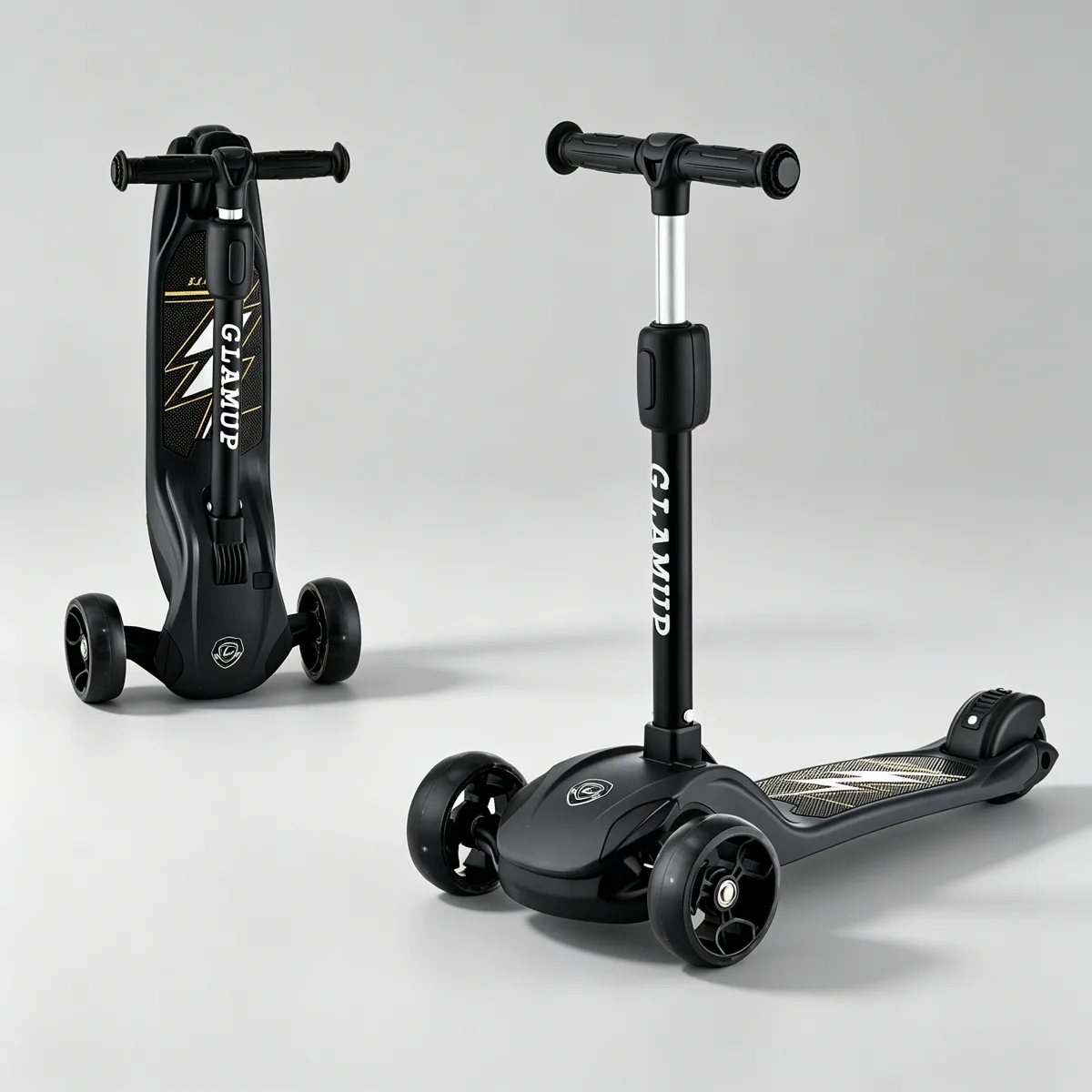 Black foldable kids scooter shown folded and unfolded