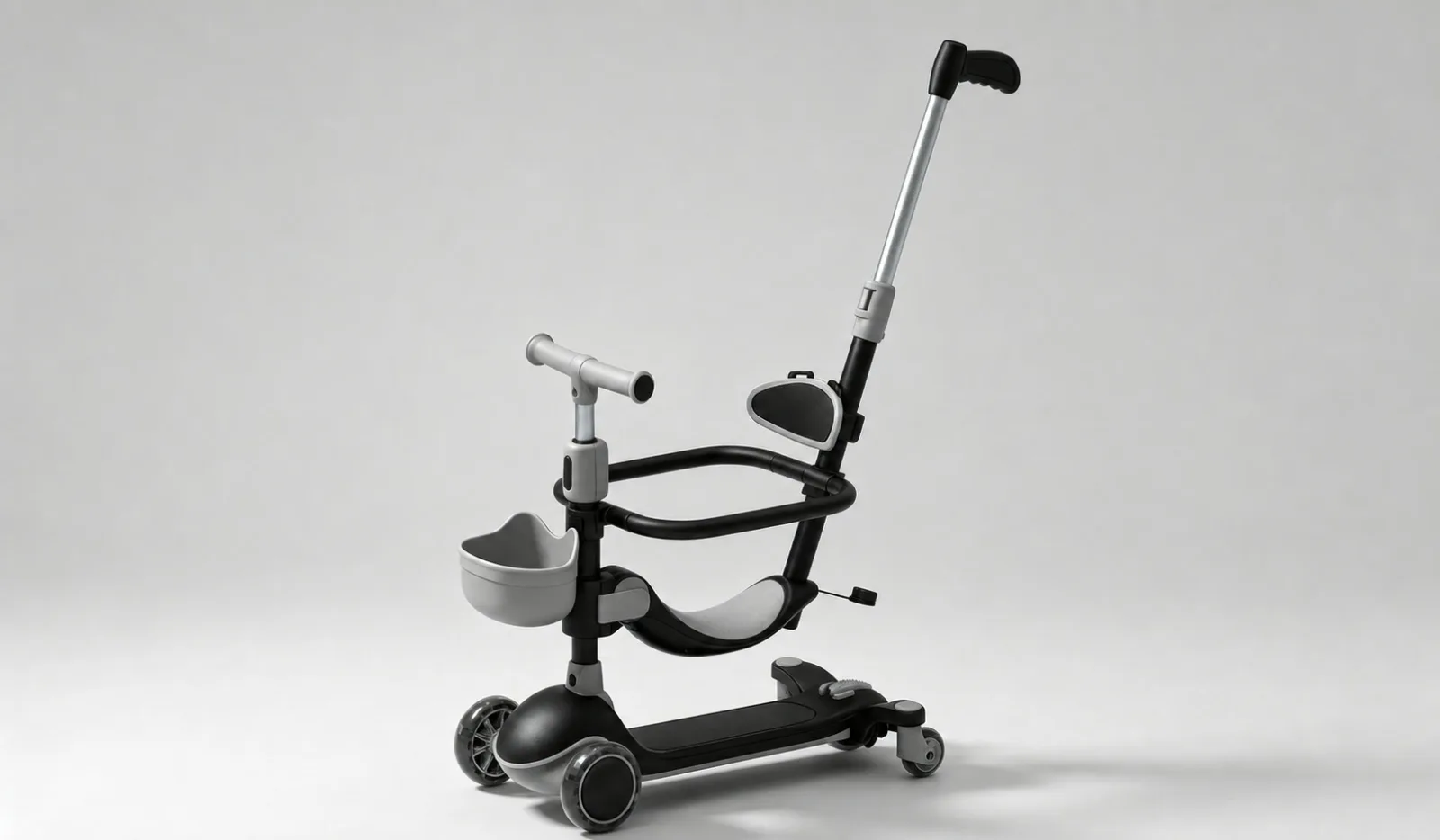 Multi-function toddler scooter with seat, safety rail, basket, and parent push handle