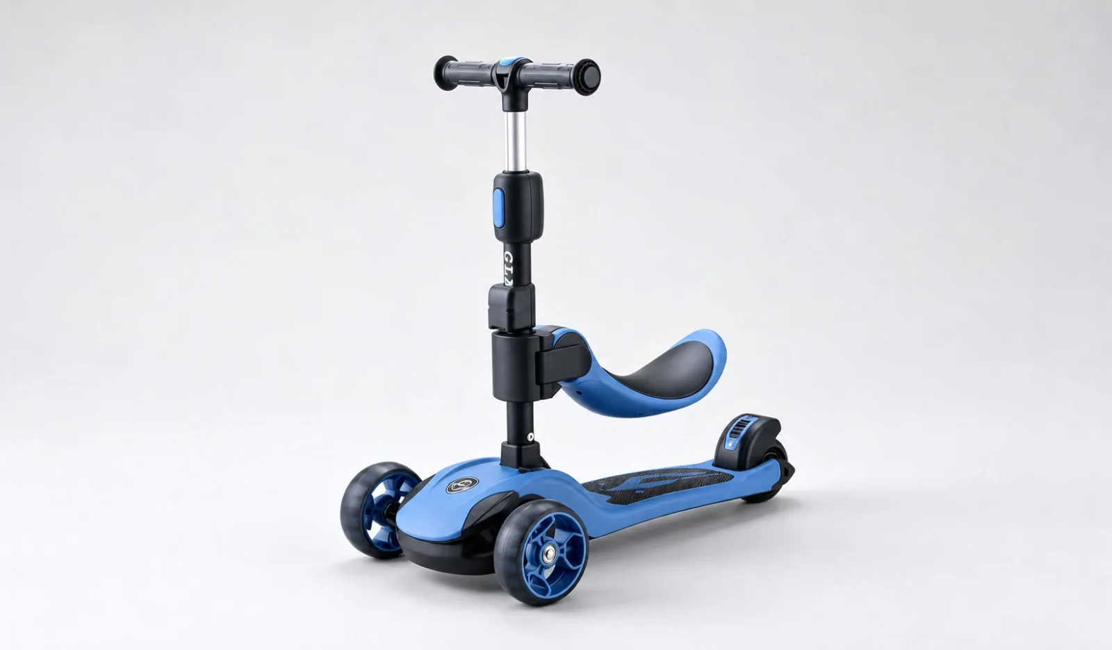 Blue seat-mode kids scooter with full handlebar, seat, deck, brake, and wheels